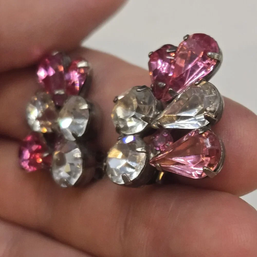 Vintage Pink Clear Rhinestone Pierced Prong Set Bling Mid Century Earrings